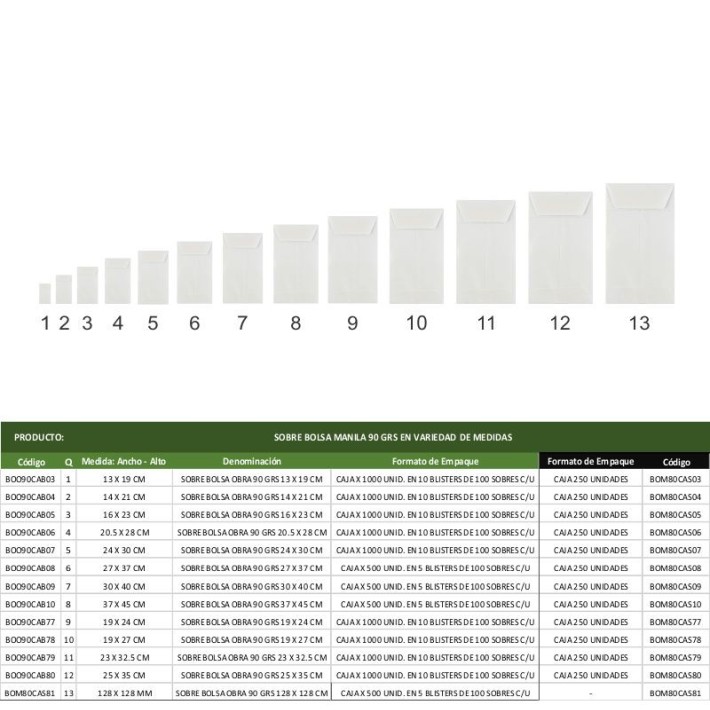 SOBRE BOLSA OBRA 90 GRS EN VARIEDAD...