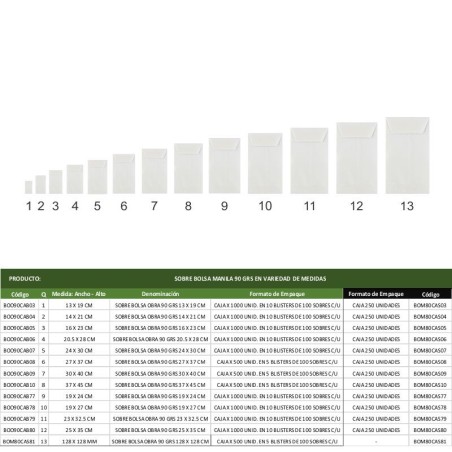 SOBRE BOLSA OBRA 90 GRS EN VARIEDAD DE MEDIDAS